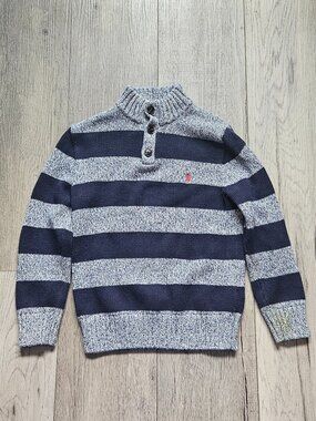 Polo Ralph Lauren Boys Size 7 Button Collar Sweater Navy Blue Striped Knit 7